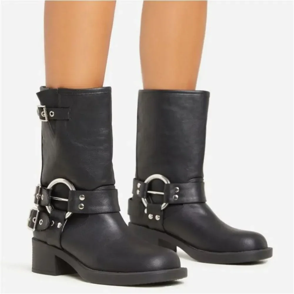 BLACK MOTO COMBAT BIKER BUCKLE BOOTIES